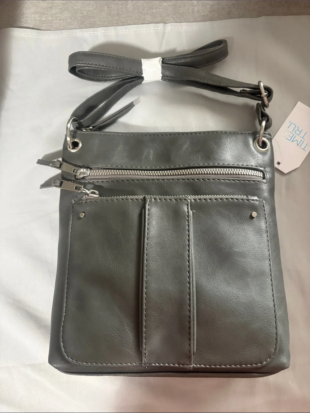 Time and Tru Gray Faux Leather Crossbody with Dual Front Zips    New with tags